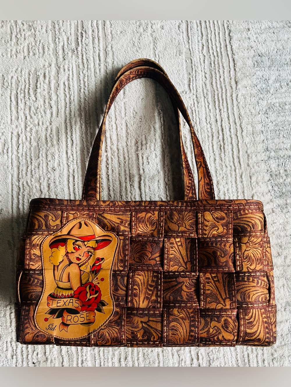 Super Rare Harvey’s Texas Rose Brown Patterned Seat Belt Tote Bag